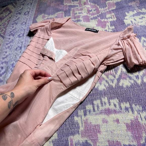 Anna Molinari Womens Mini Dress Ruffle Pleated Short Sleeve Lace Lined in Peach - Picture 10 of 16